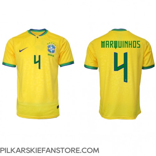 Tanie Strój piłkarski Brazylia Marquinhos #4 Koszulka Podstawowej MŚ 2022 Krótkie Rękawy